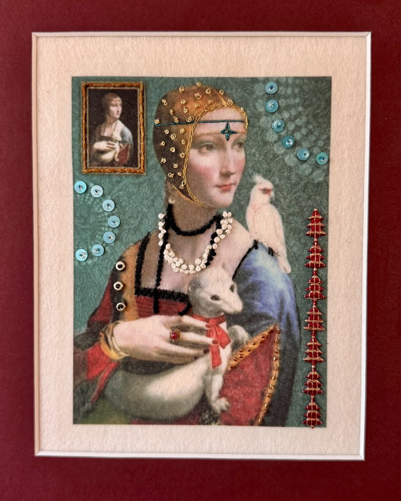 Die Frau mit dem Hermelin - Edelstickerei auf Wollfilz